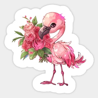 Valentine Flamingo Giving Flowers Sticker